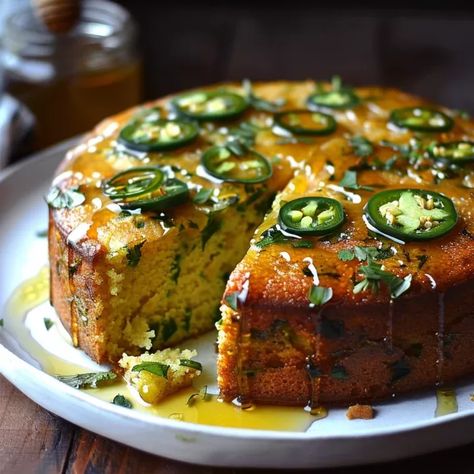 Smoky, sweet, and slightly spicy cornbread with a lime honey Spicy Cornbread, Jalapeño Cornbread, Vegan Baking Recipes, Sweet Cornbread, American Breakfast, American Recipes, Honey Glaze, Honey Lime, Chicken Pasta Recipes