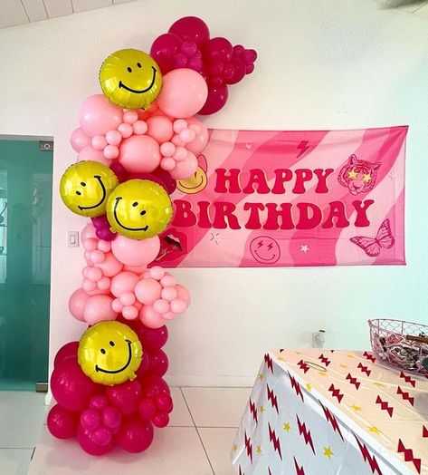 Pink Smiley Face Cupcakes, Hot Pink Smiley Face Birthday Party, Pink Smiley Face Cookies, Pink Smiley Birthday Theme, Smiley Face Balloon Arch, Preppy Balloon Arch, Preppy Smiley Face Birthday Party, Pink Smiley Face Party, Pink Smiley Face Birthday Party