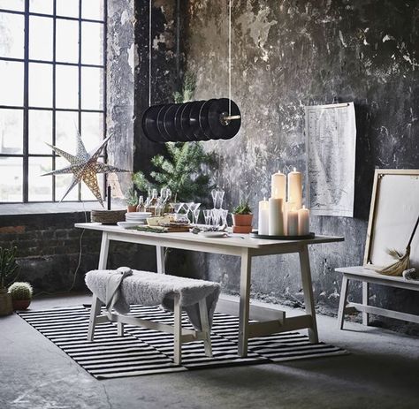 Industrial Christmas, Ikea Dining Room, Ikea Dining, Warehouse Living, Ikea Usa, Holiday Living Room, Ikea Catalog, Unique Holiday Decor, New York Loft