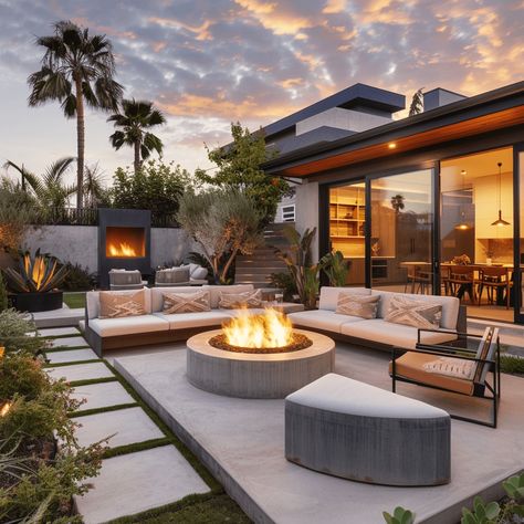 modern outdoor patio with a concrete firepit Modern Fireplace Ideas Outdoor, Pool Scapes, Steel Decor, Unique Patios, Modern Patio Design, Beautiful Outdoor Living Spaces, Modern Outdoor Patio, Building A Pergola, Deck Designs