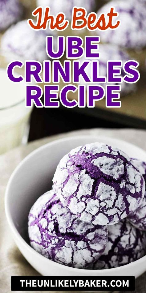 Ube crinkles are your favourite crinkle cookies packed with delicious ube flavor. Soft, fluffy, so delicious! Perfect for the holidays or as an everyday treat. Follow along with video instructions. Purple Cookies Decorated, Purple Snacks For Color Party, Purple Desserts Ideas, Purple Food Ideas Snacks, Purple Foods For Color Party, Purple Snacks For Party, Purple Food Ideas, Purple Foods For Party, Ube Crinkles Cookies Recipe