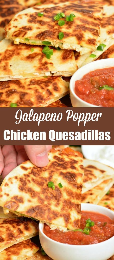 Chicken Recipes With Jalapenos, Chicken Quesidias Recipes, Spicy Quesadilla Recipes, Quesadilla Maker Recipes Ideas, Chicken And Flour Tortilla Recipes, Jalapeño Popper Quesadilla, Jalapeno Popper Quesadilla, Chicken Cheese Tortillas, Snack Quesadillas