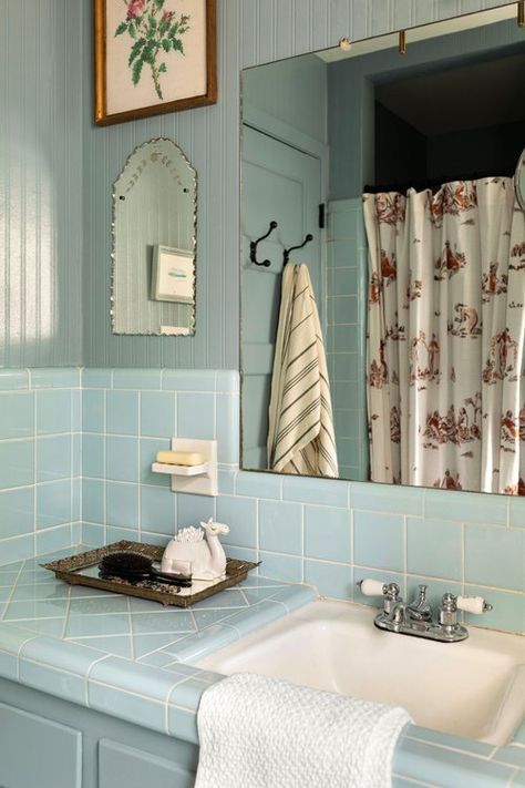 Old Hickory Village Renovation — ELLEN CLARK INTERIORS Blue Tile Bathroom Vintage, Vintage Blue Tile Bathroom, Blue Vintage Bathroom, Retro Blue Bathroom, Vintage Blue Bathroom, Blue Bathroom Tile, Nice Room, Retro Bathrooms, Cottage Bathroom