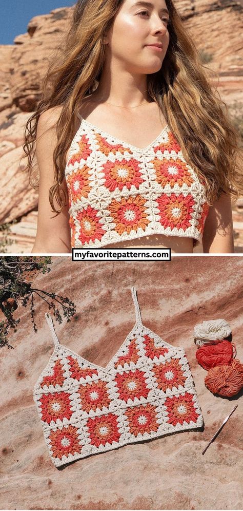 Free Crochet Summer Top With Granny Squares Pattern Amanda Love Santos Crochet, Granny Square Tank Top Crochet Pattern, Granny Square Tops Crochet, Crochet Top Two Colors, Plus Crochet Top, Crochet Top Free Pattern Summer, Crochet Top Pattern Granny Square, Granny Square Top Tutorial, Crochet Granny Top Pattern