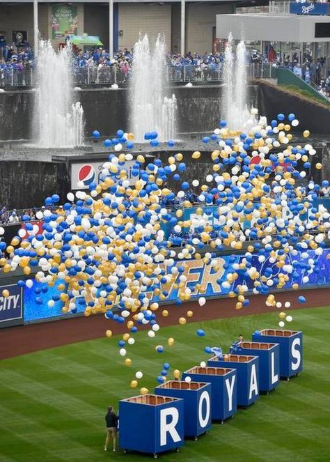 Balloons were released in the opening ceremonies Monday, April 6, 2015, at the Kansas City Royals season opening game with the Chicago White Sox at Kauffman Stadium. Opening Ceremony Ideas, Release Ceremony, Kc Royals Baseball, Kauffman Stadium, Kansas City Royals Baseball, Sporting Kc, Gallery Opening, Royals Baseball, Kc Royals