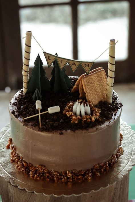 1st Birthday Camping Cake, Camping Birthday Party Cake Ideas, Wilderness Cake Ideas, Camping Bday Cake, Camp Cake Birthday, Campfire Birthday Cake, Camp Cake Ideas, Outdoor Cake Ideas, Camping Birthday Cake Ideas