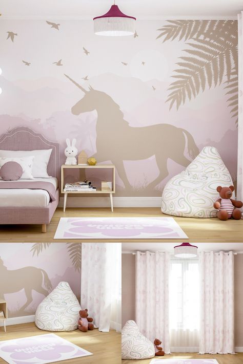 Unicorn Wallpaper Girl Nursery / Pastel Grey Pink Mountains Wallpaper Mural Peel Stick Kids / Soft Beige Lilac Wall Paper Toddler Bedroom WE OFFER 2 TYPES OF MATERIAL: ☛ Easy install Vlies / Non-Woven wallpaper ☛ Self-adhesive Peel and Stick Wallpaper. Subtle Unicorn Bedroom, Unicorn Mural Girls Bedroom, Pink Mountains Wallpaper, Girls Unicorn Room, Wallpaper Girl Nursery, Unicorn Mural, Girls Room Unicorn, Unicorn Themed Bedroom, Nursery Pastel