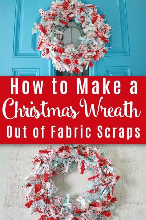 Fabric Scrap Wreath Diy, Tied Fabric Wreath, No Sew Christmas Wreath, Easy To Make Christmas Wreaths, Fabric Wreaths Diy No Sew Christmas, Fabric Wreath Christmas, Christmas Fabric Wreaths Diy, Diy Cheap Christmas Wreath, Christmas Wreaths Fabric