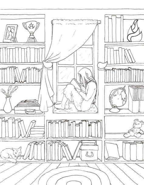 Drawing Of Library, Reading Room Drawing, Drawings Of Books On Shelf, Reading Nook Drawing, Library Room Drawing, Drawing Reading Book, Girl Reading Drawing, Library Drawing Sketches, Girl Reading Book Drawing