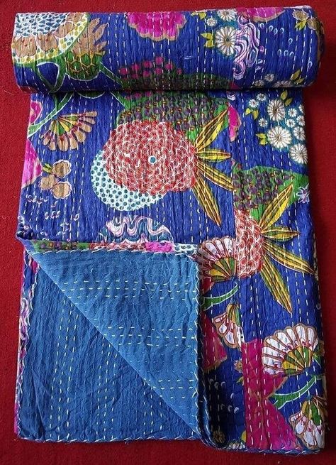 Vintage kantha handmade recycled reusable reversible queen size multicolored quilt 85x55 inch by Lifelinestore on Etsy Sashiko Ideas, Boho Quilts, Katha Design, Kantha Quilting, Quilt Decor, Idle Hands, Boho Quilt, Abstract Quilt, Indian Quilt