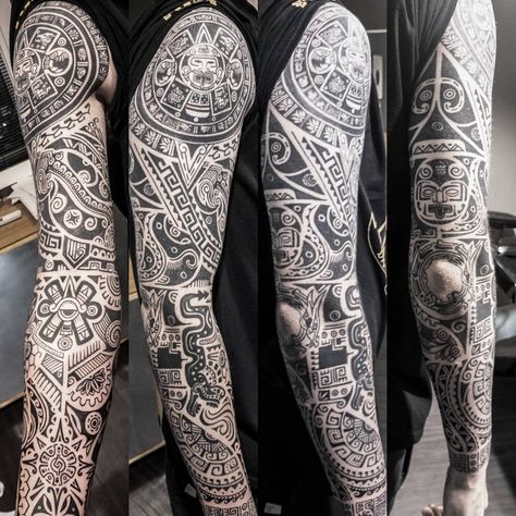 Aztec tattoo by Sara Sweetkiller Bertoletti #SaraBertoletti #SaraSweetkillerBertoletti #Aztectattoo #Aztectattoos #Aztec #Mexican #Mesoamerica #PreColombian #ancientculture | Aug 7th 2019 | 1128410 Aztec Sleeve Tattoos Design, Aztec Tattoo Designs Sleeve, Mexican Arm Tattoo, Mexican Mandala Tattoo, Mexican Sleeve Tattoo Men, Mexican Leg Tattoo, Mexican Tattoo Ideas For Men Aztec, Mexican Sleeve Tattoo, Aztec Neck Tattoo