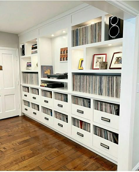 Vinyl Room Storage, Built In Shelves For Vinyl Records, Billy Bookcase Vinyl Records, Record Shelving Ideas, Large Record Collection Storage, Record Collection Room, Vinyl Collection Room, Built In Record Shelves, Built In Vinyl Record Storage