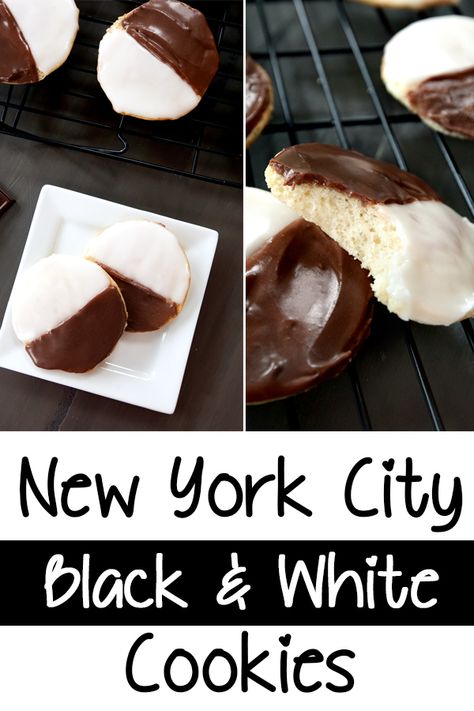 These traditional black and white cookies are comprised of a thick, cake-like vanilla cookie topped with chocolate and vanilla icing split right down the middle. Impressive in both presentation and flavor, these classic New York City treats will delight any dessert lover. Moon Cookies Recipe, Half Moon Cookies Recipe, Half Moon Cookies, Black And White Cookie Recipe, Moon Cookies, White Cookies, Black And White Cookies, White Cookie, Gourmet Gift Baskets