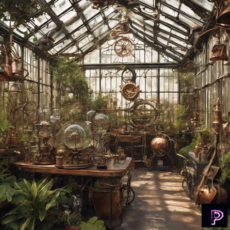 Enter a steampunk greenhouse where mechanical plants and traditional flora coexist, nurtured by steam-powered systems. 🌱⚙️   What steampunk innovations will your art cultivate today?   #AI #Art #PicassoAIArt #Steampunk #Greenhouse #Innovation Naturepunk Aesthetic, Plant Steampunk, Forest Steampunk, Steampunk Botanist, Steampunk Greenhouse, Steampunk Farm, Steampunk Forest, Steampunk Garden, Solarpunk Aesthetic