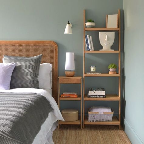 Bedroom Organisation, Narrow Bedside, Narrow Bedside Table, Tidy Bedroom, Ladder Shelves, Leaning Ladder, Scandi Chic, Oak Shelves, Ladder Shelf