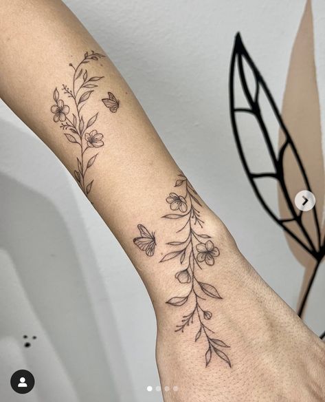 Vine Of Different Flowers Tattoo, Portulaca Flower Tattoo, Forearm Vine Wrap Tattoo, Flower Chain Tattoo Arm, Full Arm Vine Tattoo, Girly Tattoo Sleeves, Vine Tattoo With Names, Vines With Flowers Tattoo, Wraparound Tattoo Forearm