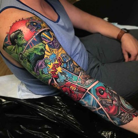 49 Dope Pics That Will Stimulate Your Pleasure Centers - Funny Gallery Comic Sleeve Tattoo, Marvel Tattoo Sleeve, Full Arm Sleeve Tattoo, Super Hero Tattoos, Avengers Room, Comic Book Tattoo, Wizard Tattoo, Hero Tattoo, Avengers Tattoo