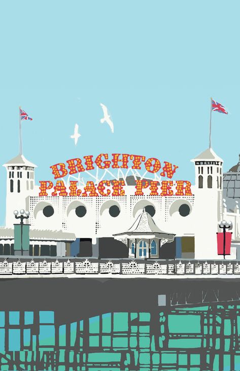 Brighton Pier Tea Towel X Two Brighton Aesthetic, Seagull Illustration, Pink Tickets, Uk Map, Brighton Pier, City Project, Printable Wall Collage, Personalized Tea Towel, Funny Tea Towels