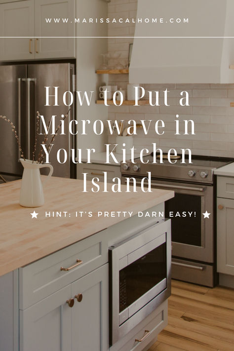 The kitchen island is probably THE best place to put a microwave, and a countertop model with a trim kit is the way to go. Why? It comes down to three main reasons: counter space, cost, and ease of installation. I’ll show you the best way to get your built-in island microwave, and if you don’t have a kitchen island, don’t worry, this can work for lower cabinets too. I’d much rather a pretty vent hood be the focal point! I’ve DIY’ed this three times in my own kitchens. Read on to learn how! Farmhouse Kitchen Island With Microwave, Microwave Beside Stove, Microwave In The Island White Cabinets, Diy Kitchen Island With Microwave, Microwave Under Island, Microwaves In Islands, Kitchen Island Ideas With Microwave Drawer, Ideas For Microwaves In Kitchen, Under The Counter Microwave