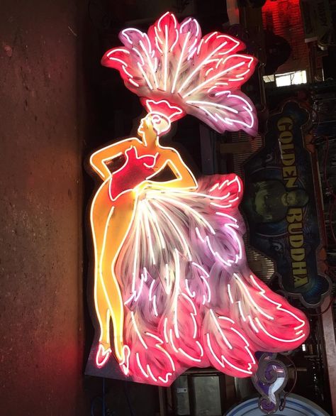 Neon show girl, part of our rental inventory. #Neon #NeonSign #Showgirl #NeonShowGirl #LasVegas #Show #Pink #PinkFeathers #ClassicNeon… Vegas Showgirl, Vegas Sign, Las Vegas Photography, Old Vegas, Neon Nights, Vintage Neon Signs, Guys And Dolls, Neon Glow, Vegas Trip