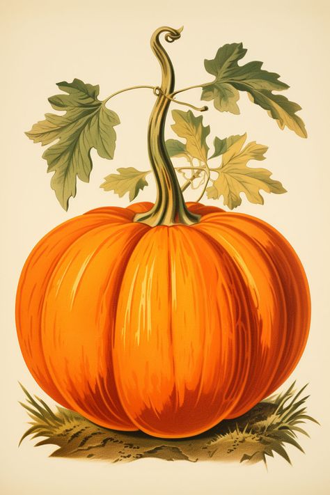 Clip Art Pumpkin Free Printable, Autumn Pumpkins Drawing, Vintage Pumpkin Art, Pumpkin Pictures Printable, Painting Of A Pumpkin, Pumpkin Images Free Printable, Pumpkin Pictures Autumn, Vintage Pumpkin Illustration, Halloween Pumpkin Illustration