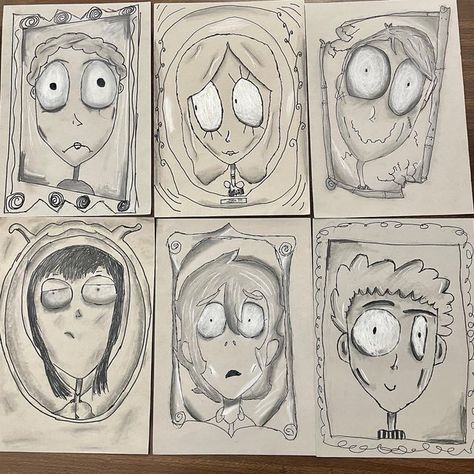 Tim Burton Portraits Art Lesson, Grade 5 Halloween Art, Tim Burton Art Project, Halloween Art Projects For Middle School, Tim Burton Characters Drawings, Grade 8 Art, Tim Burton Art Style, Halloween Art Projects, 7th Grade Art