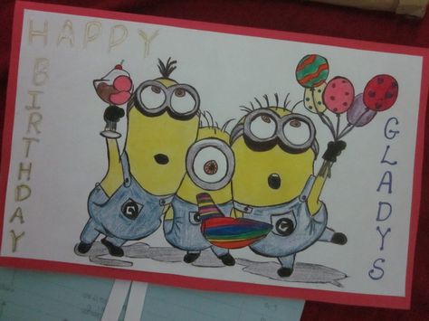 Minion Birthday Cards Handmade, Minion Birthday Cards Diy, Happy Birthday Card To Mom, Minion Birthday Cards, Minion Birthday Card, Birthday Minion, Minion Drawing, Minion Card, Happy Birthday Drawings