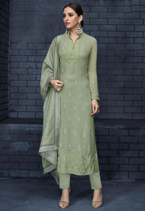 Embroidered Georgette Pakistani Suit in Light Teal Green : KCH3629 Straight Salwar, Grayish Green, Kameez Designs, Look Festival, Straight Cut Pants, Utsav Fashion, Salwar Kameez Designs, Anarkali Suit, Pakistani Suits