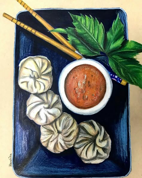 #drawing #art #momos Momo Food Drawing, Momos Drawing Food, Momos Painting, Momos Illustration Art, Food Realistic Drawing, Sikkim Food Drawing, Indian Snacks Illustration, Food Artwork Painting, Momos Drawing