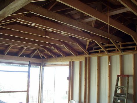 raised ceiling joists by splitflexi, via Flickr Raise Ceiling Height, Raise Ceiling, Coral Cottage, Raised Ceiling, Ceiling Remodel, Low Ceiling Basement, Exposed Ceiling, Garage Ceiling, Home Gym Garage