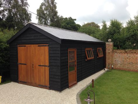 External Garage Ideas, Wooden Garage Ideas, Black Shed With Wood Trim, Wooden Garden Shed, Workshop Exterior, Wooden Garages, Sheds Ideas Backyard, Black Shed, Shed Designs