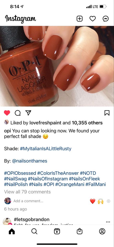 Fall Nails Cinnamon, Spice Nail Color, Fall Nail Colors 2023 Orange, Fall Finger Nail Colors, Thanksgiving Gel Nails Colors, Fall Wedding Nails Bridesmaid Rust, Rust Color Nail Polish, November Sns Nails, Rust Nail Polish