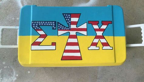 ΣΧ Sigma chi American flag us usa red white and blue cooler top Sigma Chi Frat Cooler, Sigma Chi Cooler, Disneyworld Outfit, Cooler Connection, Formal Cooler Ideas, Greek Designs, Fraternity Coolers, Formal Cooler, Cooler Ideas