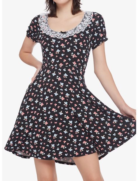 Mushroom Lace Collar Skater Dress Cute Mushroom Dresses, Mushroom Hat Hot Topic, Hot Topic Mushroom Dress, Cute Short Sleeve T-shirt With Mushroom Print, Casual Mushroom Print T-shirt For Spring, Hot Topic Dresses, Dress With Lace Trim, Mushroom Print, Cute Mushroom