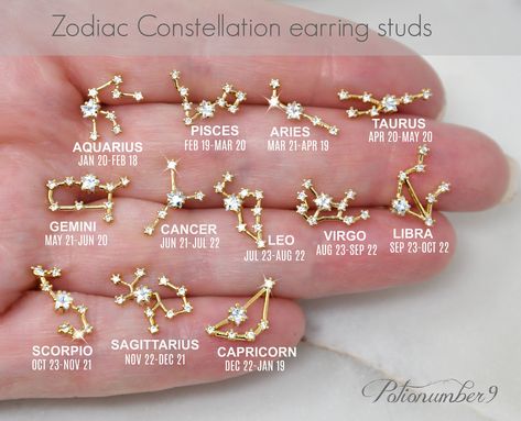 Zodiac constellation earring studs. *Please note: Only Capricorn and Aries are left in stock. I do have singles (only one stud, not a pair) of: Gemini, Leo, Virgo and Sagittarius. Please contact me for a custom listing if you are interested in any of these. These high quality 18k gold plated studs are set with miniature cubic zirconia diamonds. Size varies: 5-10mm x 10-15mm. Your item will arrive in an embossed jewelry box - Ready for Gift Giving! ♡Other constellation designs in my collection: https://www.etsy.com/shop/potionumber9/items?search_query=Constellation Constellation Piercing, Taurus Constellation Tattoo, Constellation Piercings, Virgo And Sagittarius, Embossed Jewelry, Constellation Earrings, Zodiac Constellation Necklace, Gold Bar Earrings, Constellation Necklace