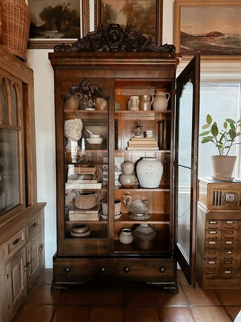 Another New (but) Old Cabinet - My Vintage Porch Antique Display Case, Cabinet Curtain, Vintage Porch, Cute Curtains, Old Cabinets, Large Cabinet, Eclectic Living Room, Secretary Desks, Wood Cabinet