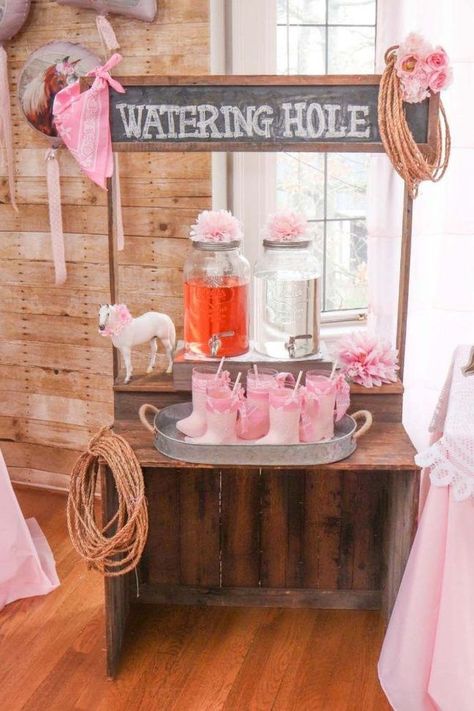 Fancy Cowgirl Birthday Party, Pink Cowgirl Dessert Table, My First Rodeo Cake Table, Pink Cowgirl Party Kids, Boots And Bottles Party, Watering Hole Drink Station Western, Girly Cowboy Theme Party, Cowgirl Fourth Birthday Party, Floral Horse Birthday Party