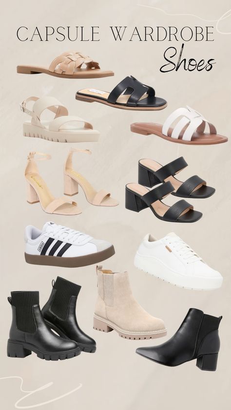 Basic shoes to add to your capsule wardrobe! Shoes Basics Capsule Wardrobe, Capsule Wardrobe Shoes Women, Basic Shoes For Women Capsule Wardrobe, Capsule Shoes Women, Basic Shoes To Have, Basic Shoes Wardrobe, Capsule Shoe Wardrobe, Shoe Capsule Wardrobe, Shoes Capsule Wardrobe