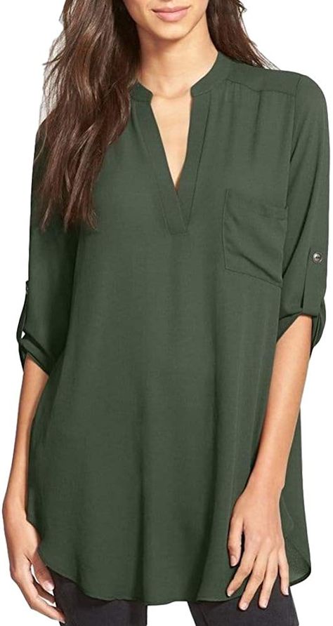 Amazon.com: Women's Roll Tab Sleeve Tunic,Perfect Long for Leggings Shirt Cute Versatile Top(Olive,S): Clothing Curved Hem Top, Women Chiffon Blouse, Fall 2015 Style, Shirts For Leggings, Fashion Friday, Blouse Material, Tunic Styles, Mode Inspiration, Plus Size Blouses