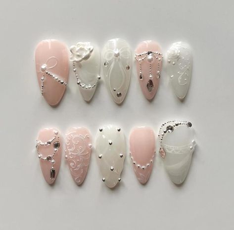 Greetings and welcome to my store. Hope you find a style you like . 𝐌𝐚𝐭𝐞𝐫𝐢𝐚𝐥: I only work with high quality materials to create sturdy & long-lasting luxury press on nails that you can trust on. My nails will last for: 1- 2 days using adhesive tab (provided with the nail set) 2- 3 weeks using nail glue. You can reuse all of the nails multiple times if you take care of them.  𝐒𝐢𝐳𝐞: XS : 14mm, 11mm, 12mm, 10mm, 8mm S: 15mm, 12mm, 13mm, 11mm, 8mm M: 16mm, 12mm, 13mm, 11mm, 9mm L: 18mm, White Nails Small, Nails Small, Pink White Nails, Sea Nails, Gel Press On Nails, Acrylic Design, Korean Nails, Really Cute Nails, Gel Press