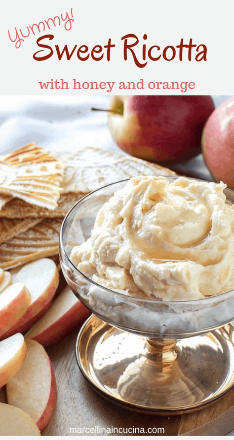 This Sweet Ricotta is flavoured with orange rind and honey. A delicious dip with fresh fruit and sweet cookies. #sweetricotta #honeyricotta #sweetdip #ricotta Fruit And Honey Desserts, Sweetened Ricotta Cheese, Ricotta Sweet Recipes, Sweet Ricotta Filling, Sweet Whipped Ricotta, Whipped Ricotta Dessert, Ricotta And Honey Dip, Ricotta Dip Recipes Appetizer Ideas, Ricotta Honey Dip