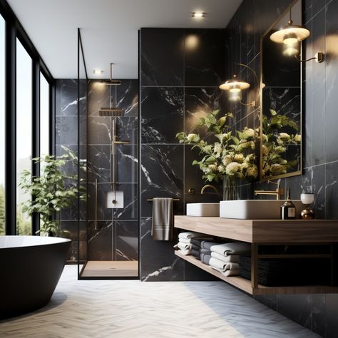 Bathrooms Dark, Moody Bathroom Design, Dark Modern Bathroom, All Black Bathroom, Modern Marble Bathroom, Aesthetic Work Desk, Vibey Apartment, Black Marble Bathroom, Color Trends 2024