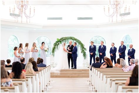 Harborside Chapel wedding ceremony. Bride and Groom exchanging vows. Greenery archway centerpiece for bride and grooms nuptials. Brittany Pannebaker Photography. #chapelwedding #tampaflorida #greenery Greenery Archway, Harborside Chapel, Chapel Wedding Ceremony, Summer Wedding Photos, Tampa Wedding, White Magnolia, Bay Wedding, Happy Tears, Ceremony Venue