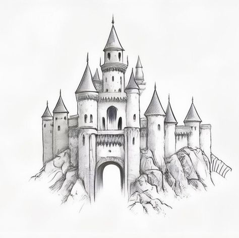 Sketch Of Castle, Castle Drawing Sketches Easy, Castle Aesthetic Drawing, Castle Drawing Sketches, Medieval Castle Drawing, Fantasy World Illustration, Castle Drawing Easy, Castle Drawings, Medieval Landscape