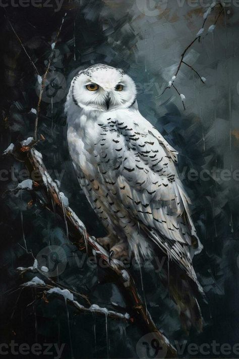 painting of a white owl sitting on a branch in the snow. generative ai. Animals In Snow Painting, Snow Owl Drawing, Snowy Owl Aesthetic, Snow Owl Painting, Snowy Owl Painting, Frosty Forest, Owl Sitting, Snow Animals, Winter Owl