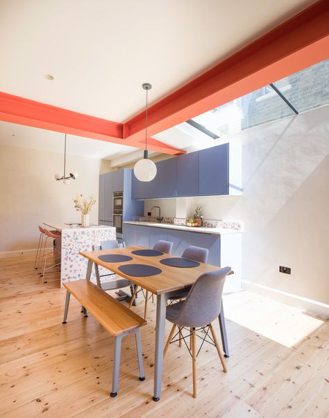 Coloured Steel Beams, Painted Exposed Beams, Painted Steel Beams, Rsj Beam Ideas Kitchen, Exposed Steel Beam Kitchen, Steel Beams Interior, Exposed Beams In Kitchen, Blue Kitchen Modern, Beam In Kitchen