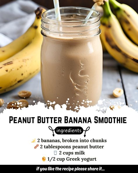 Peanut Butter Banana Smoothie 🍌🥜 Ingredients: - 🍌 2 bananas, broken into chunks - 🥜 2 tablespoons peanut butter - 🥛 2 cups milk - 🍯 1/2 cup Greek yogurt - 🍯 2 tablespoons honey, or to taste Directions: 1. Place bananas, peanut butter, milk, Greek yogurt, and honey in a blender. 2. Blend until smooth. 3. Pour into glasses and serve immediately. Enjoy your delicious and nutritious peanut butter banana smoothie! Let me know if there's anything else you need. Banana Honey Smoothie, Chemo Food, Greek Yogurt And Honey, Peanut Butter Yogurt, Honey Smoothie, Peanut Butter Banana Smoothie, Butter Milk, Smoothie Ingredients, Peanut Butter Banana