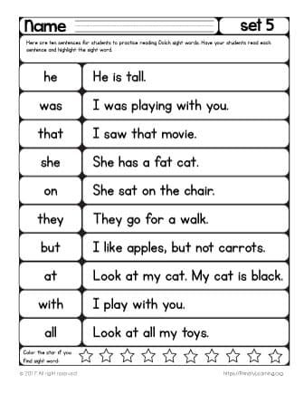 With this reading worksheet, your child read sight word sentences that correlate with sight words she just learned. If ten sentences on a page are overwhelming, just cut it and give one sentence at a time. Encourage her to move his finger below each word to help her eyes focus on the words. Primer Dolch Sight Words Kindergarten Printables, Kindergarten Sight Words List, Sentences Kindergarten, Sight Words Worksheets, Preschool Sight Words, Guided Reading Kindergarten, Sight Word Sentences, Learning Sight Words, Kindergarten Reading Worksheets