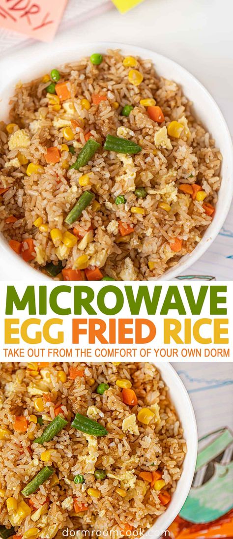 Gluten Free Dorm Recipes, Microwave Fried Rice, Microwave Asian Recipes, Vegetarian Microwave Meals, College Microwave Recipes, Savory Microwave Recipes, Microwave Healthy Meals, College Microwave Meals, Low Calorie Microwave Meals