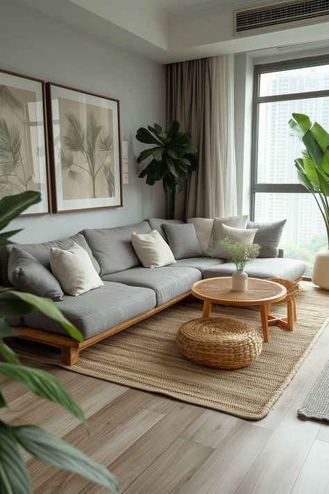 Minimalist Living Room Neutral Colors, Small Neutral Apartment Living Room, Home Interior Design Living Room Small Spaces, Small Living Room Sofa Ideas, Green And Wood Living Room, Eco Friendly Apartment, Natural Modern Living Room, Small Minimalist Living Room, Kid Friendly Living Room Decor